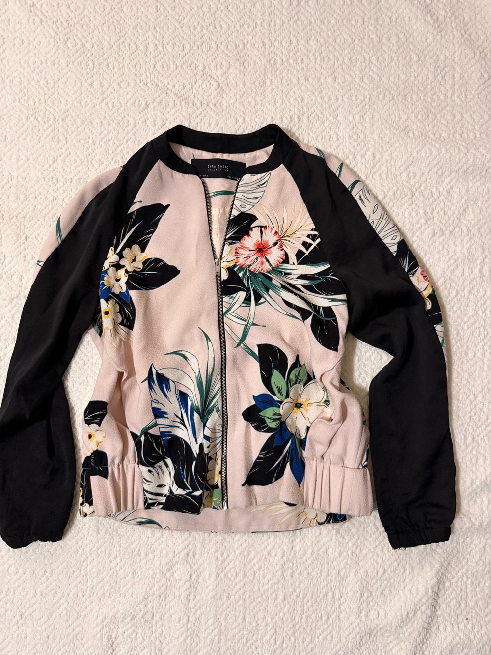 Zara Pink Floral Bomber Jacket with Black Sleeves